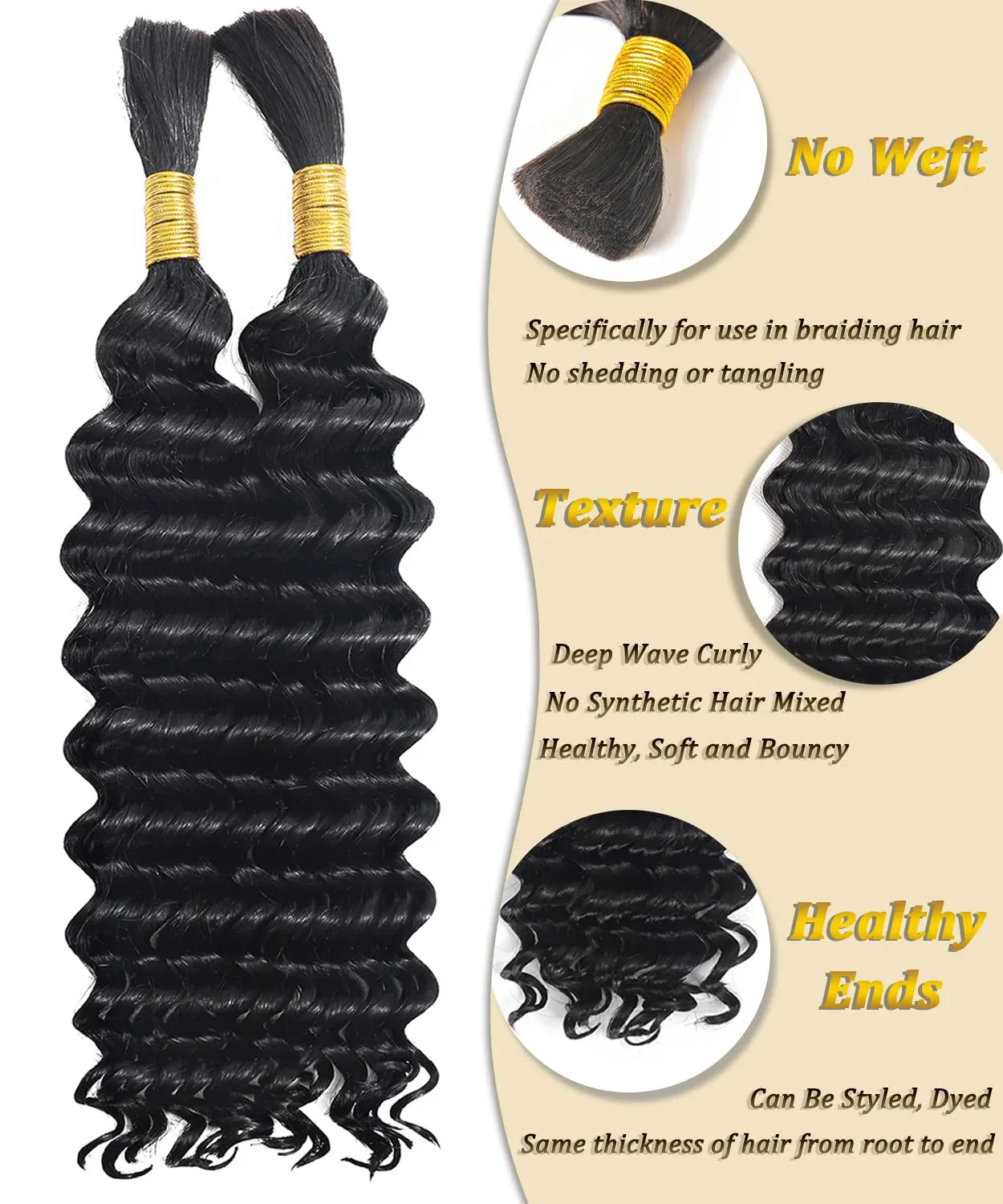 Deep Wave Braiding Hair - 100% virgin human hair - #1 Deep Wave Braiding Hair - 100% virgin human hair - #1